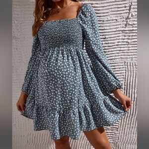 Maternity Blue Floral Long Sleeve Dress